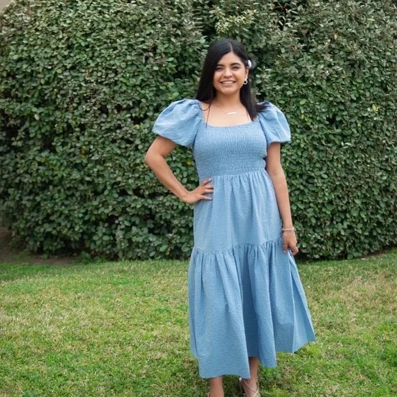 JessaKae Blue Gingham Cottagecore Smocked Midi Dress Puff Sleeve M - Picture 3 of 12